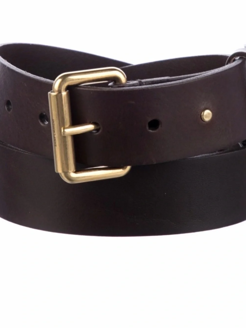 Saint Laurent Dark Brown Leather Belt with Gold Buckle